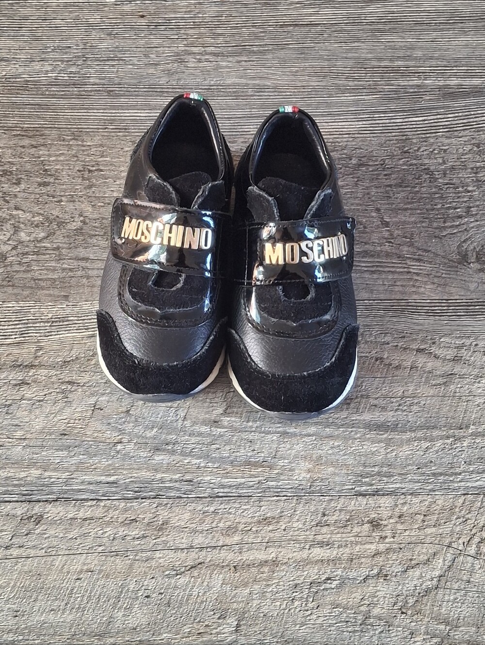 Moschino Kids Black and Gold Logo Velcro Sneakers Size 23 Us 7- 7.5 Unisex